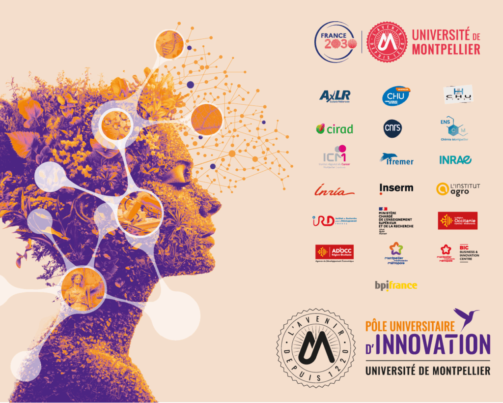 Pôle Universitaire d'innovation 
France 2030 Université de Montpellier
Satt Axlr, CHU de Montpellier, Chu de Nîmes, CIRAD, CNRS, ENSCM, ICM, Ifremer, INRAE, INRIA, INSERM, Institut Agro, IRD, Ministère chargé de l'enseignement supérieur et de la recherhce, Région occitanie, Ad'OCC, Montpellier Méditerranée Métropole, BIC Montpellier, BPI France
